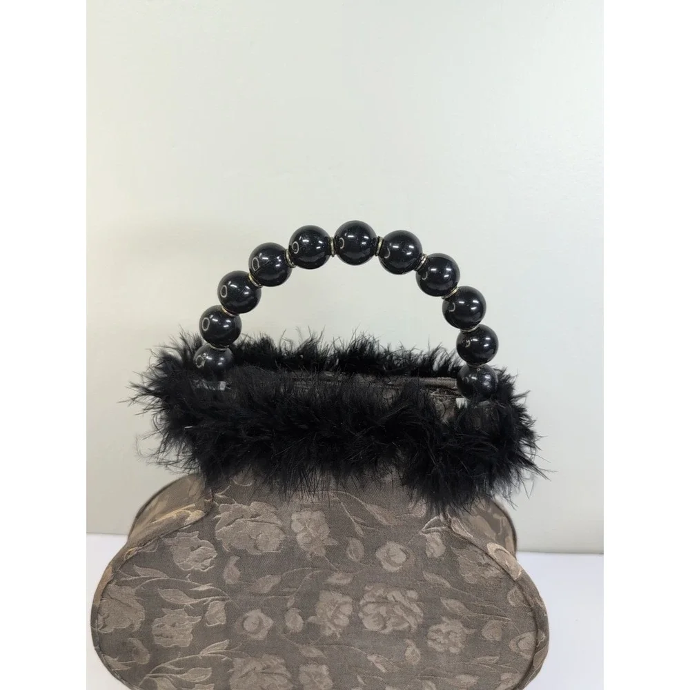 Vintage Style Boutique Purse Lamp Feathered Rare Handbag Dark Fur Beaded Deco